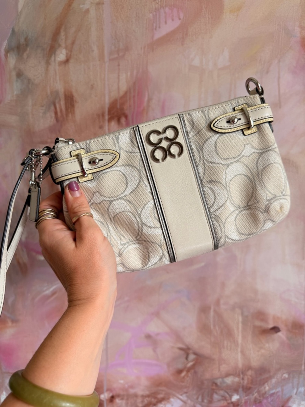 Coach Cream Signature Canvas Wristlet with Leather Trim